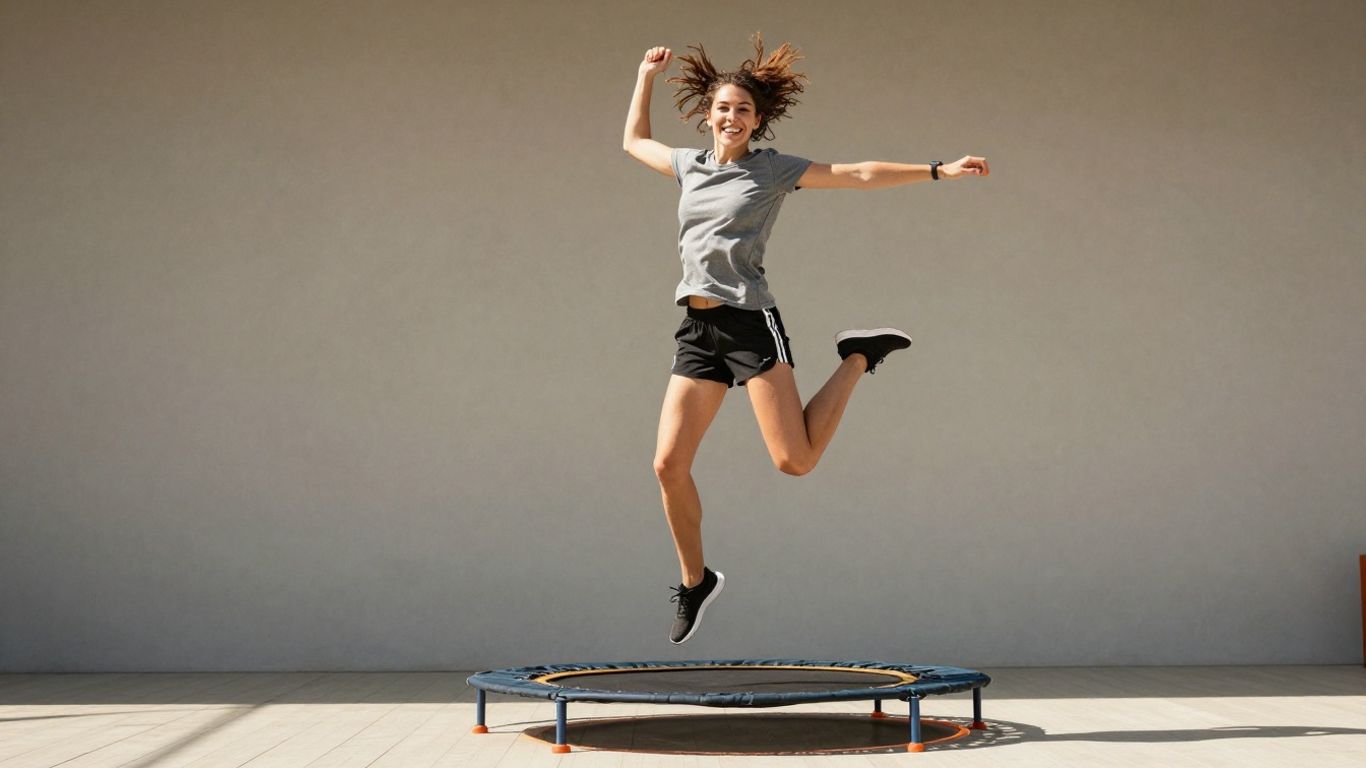Person rebounding on a mini-trampoline for fitness.