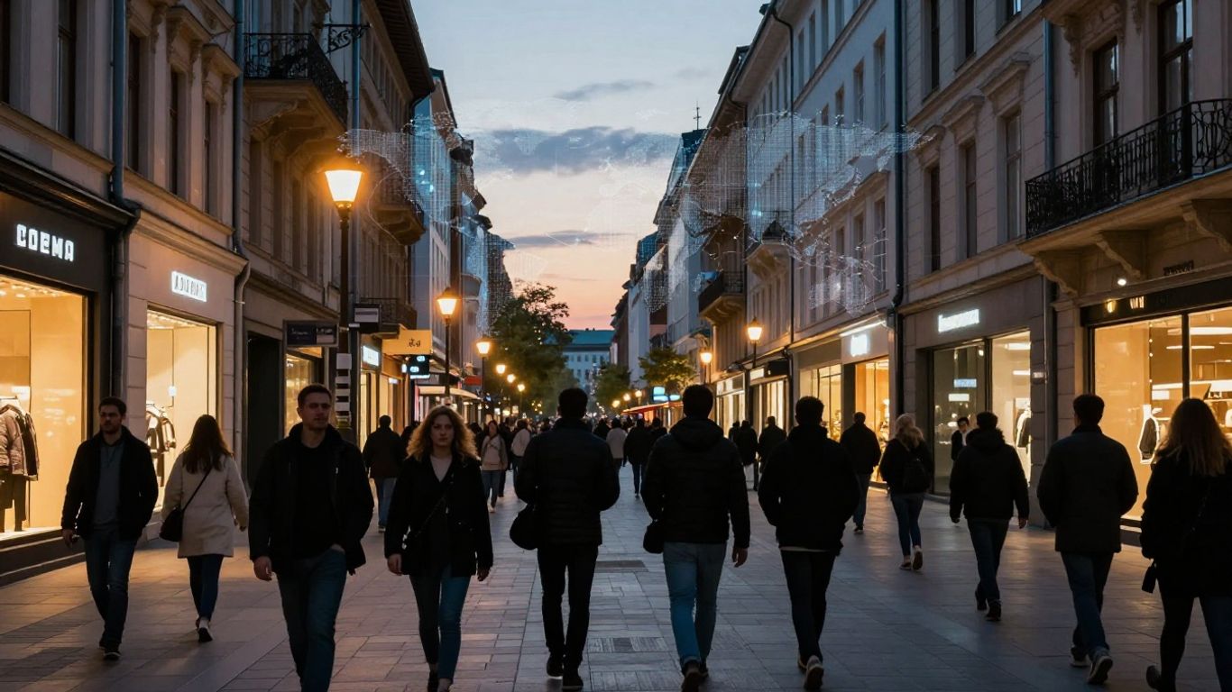 European cityscape with diverse people and digital commerce overlay.
