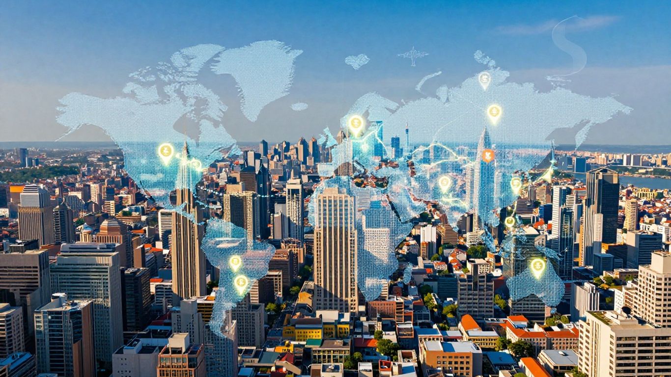 Cityscape with glowing markers and currency symbols.