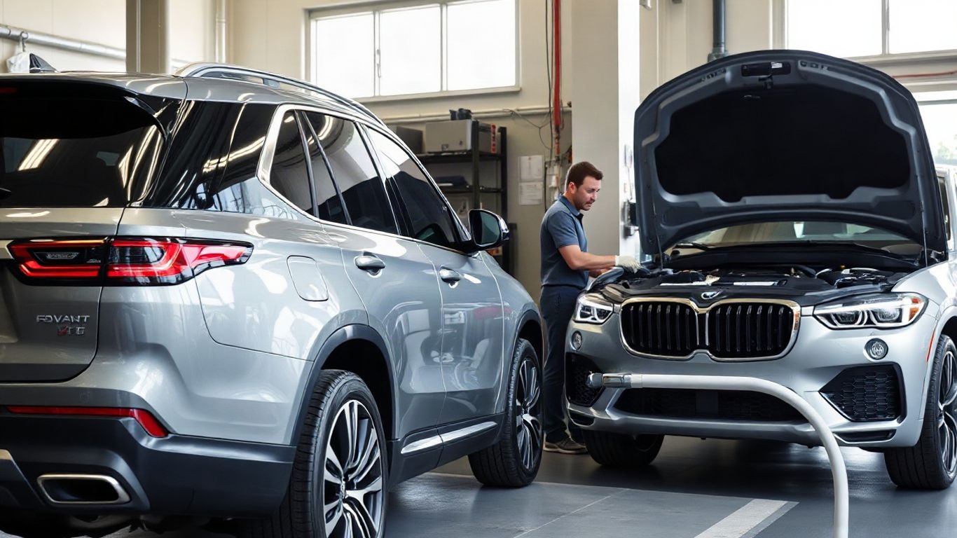 Technician checking brake fluid beside a parked SUV