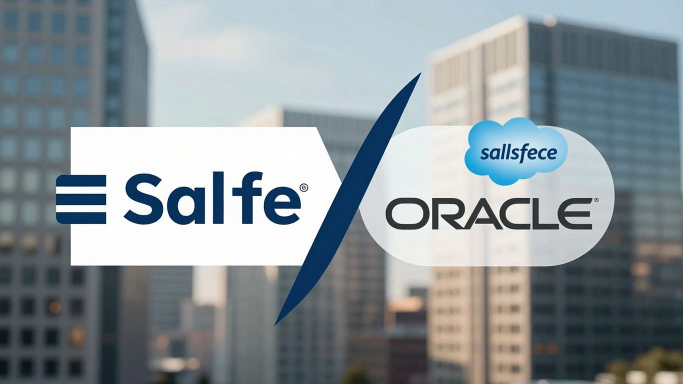 Salesforce and Oracle logos merging, cityscape background.