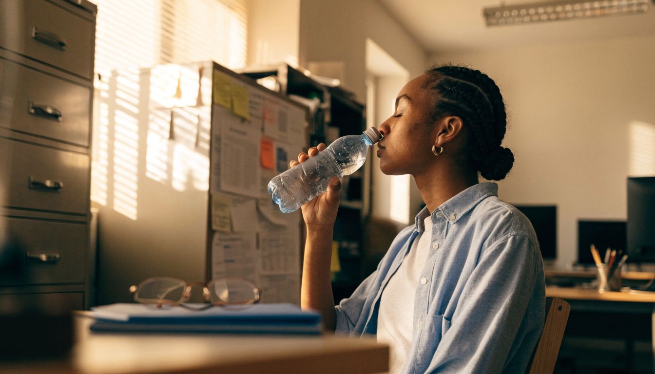 Pessoa fazendo uma pausa consciente no trabalho, longe da tela do computador, para recuperar a concentração