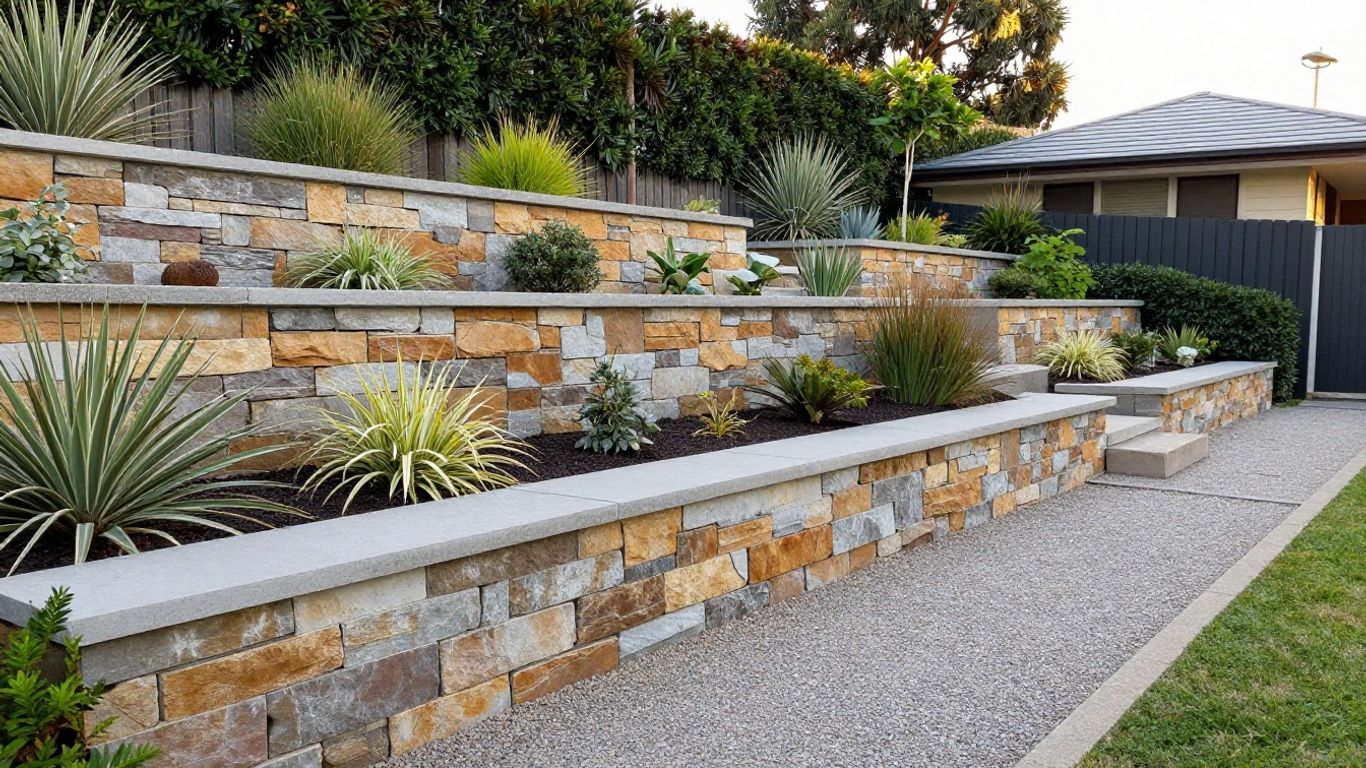Terraced garden slope with varied retaining walls