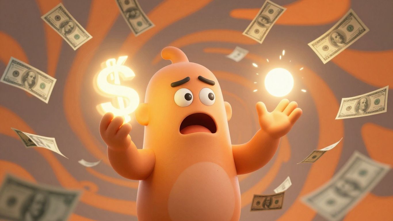 Cartoon character receiving emergency loan money quickly.