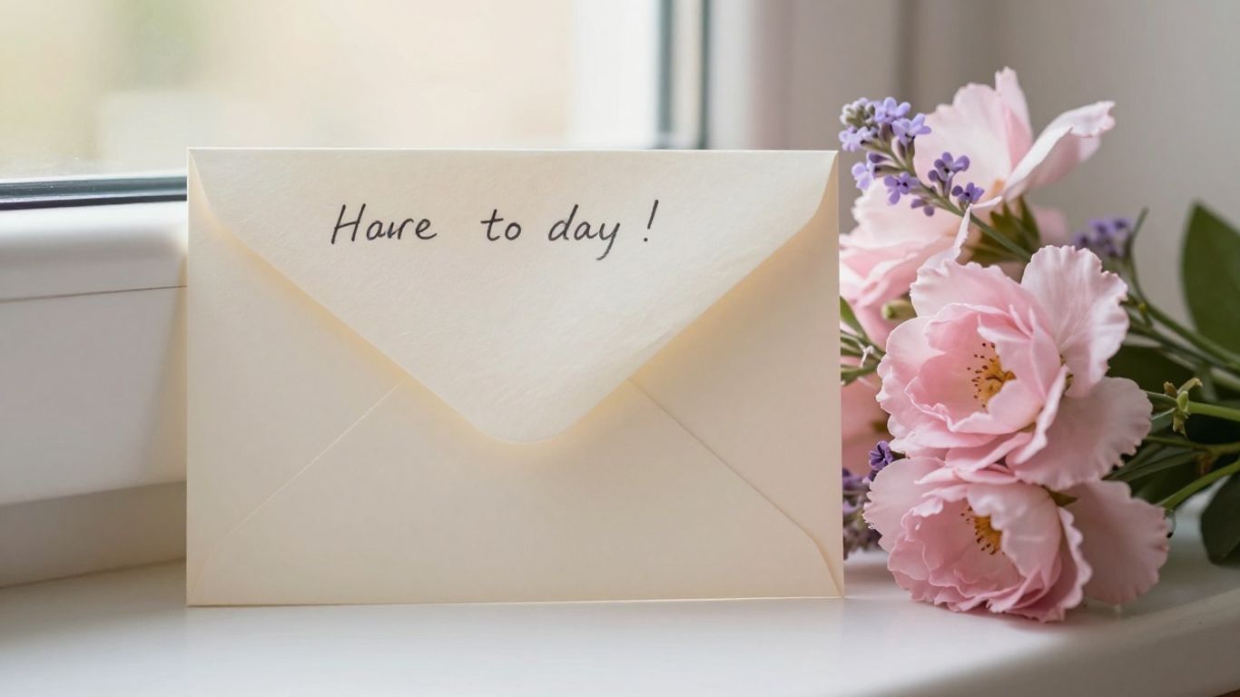 Handwritten sympathy card beside gentle flowers