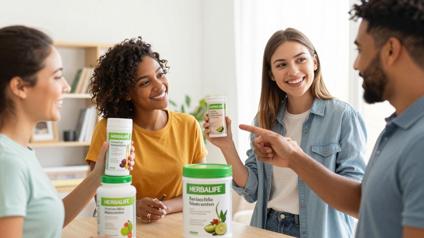 People smiling with Herbalife products, discussing business.