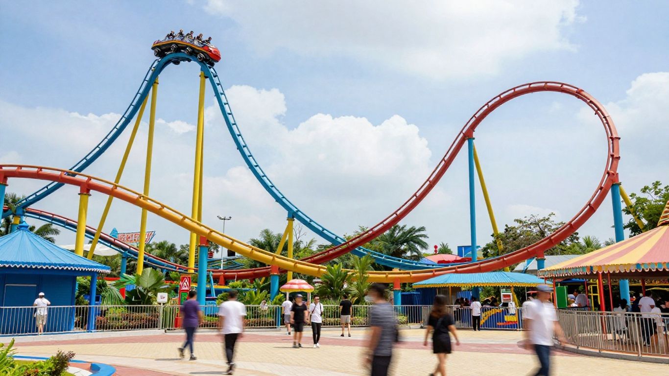 Walibi theme park with rollercoasters and happy visitors.
