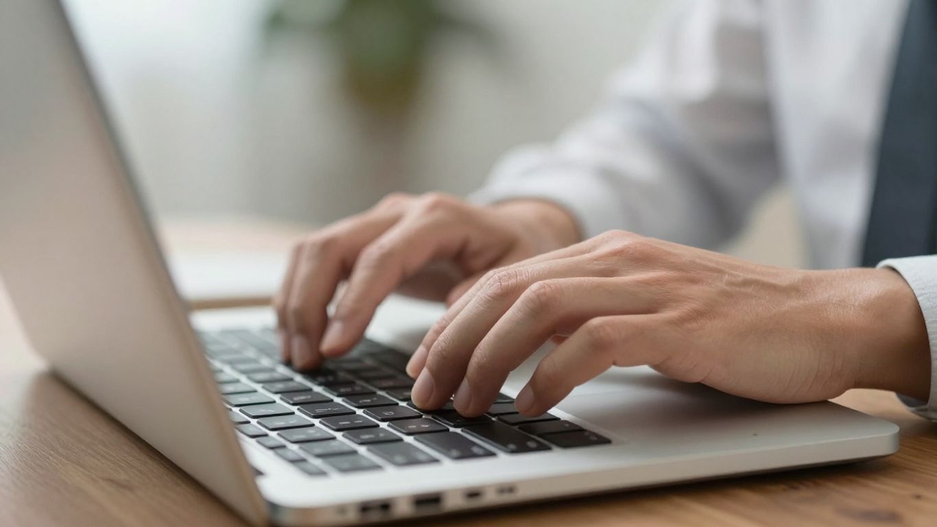 Hands typing on a laptop keyboard for Amazon keyword research.