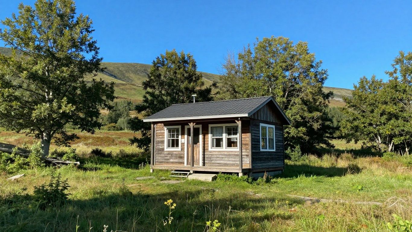 Tiny house in a Maine landscape.