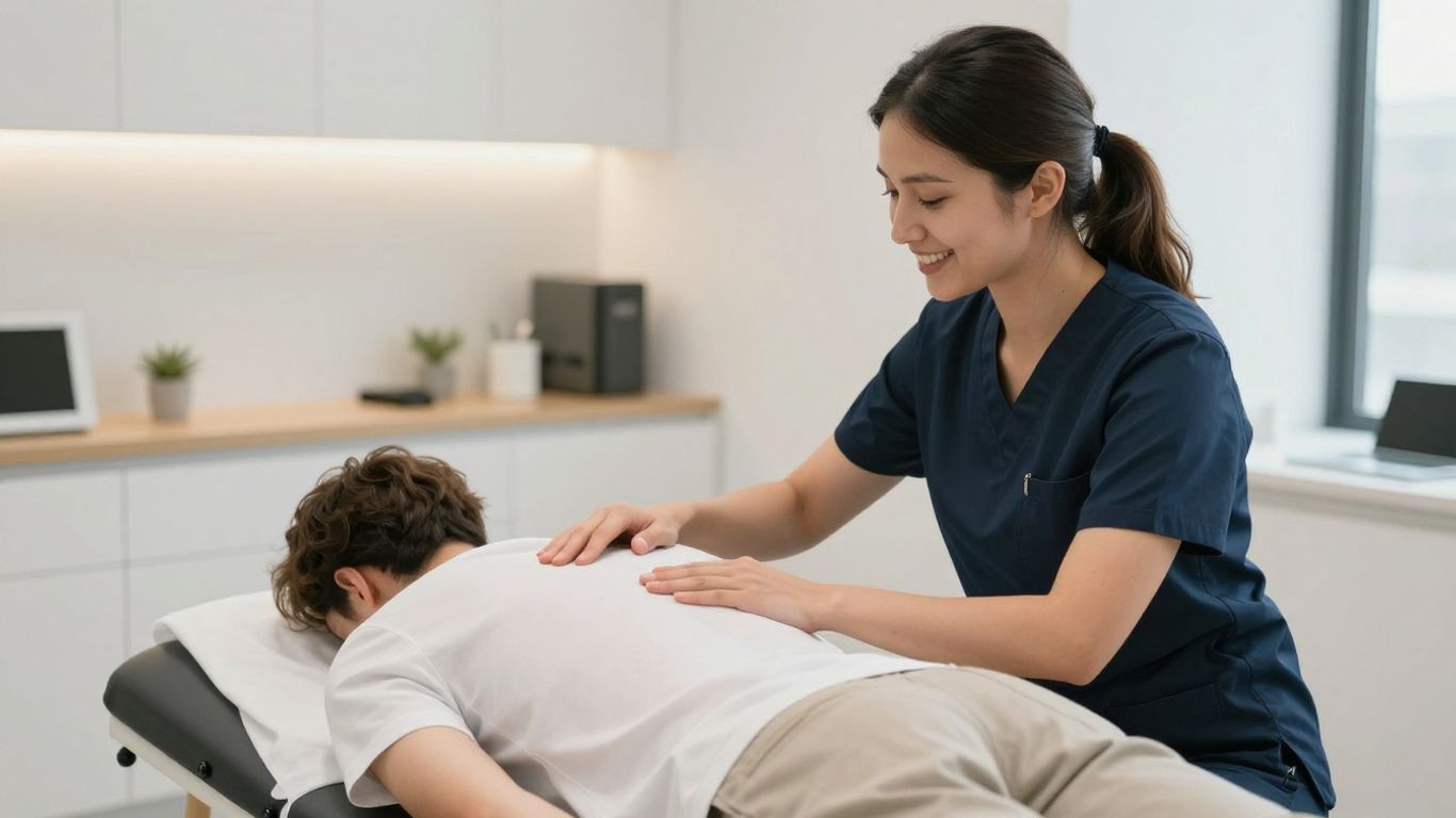 Chiropractor examining patient's back during assessment.