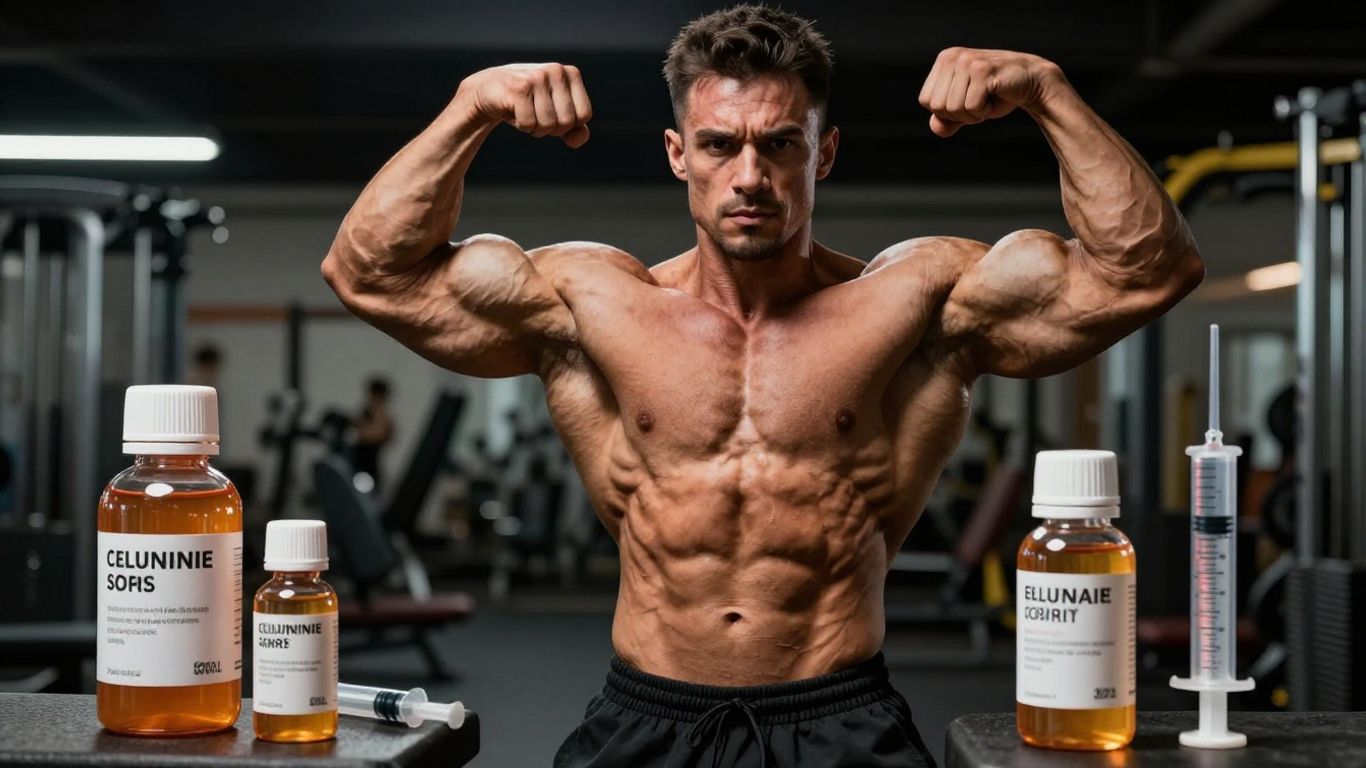 Bodybuilder with performance enhancement tools.