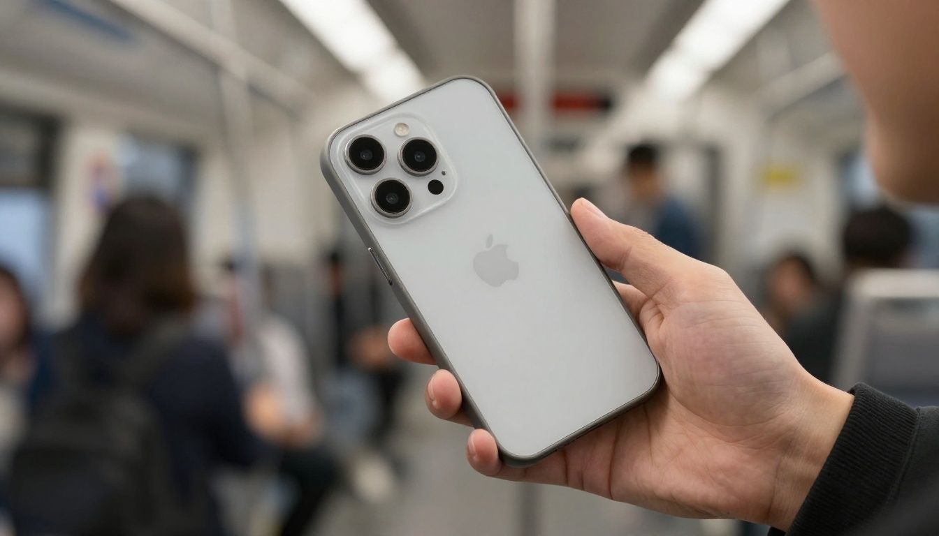 A person commuting on a Sydney train, holding an iPhone 17 Air in a slim, stylish case.