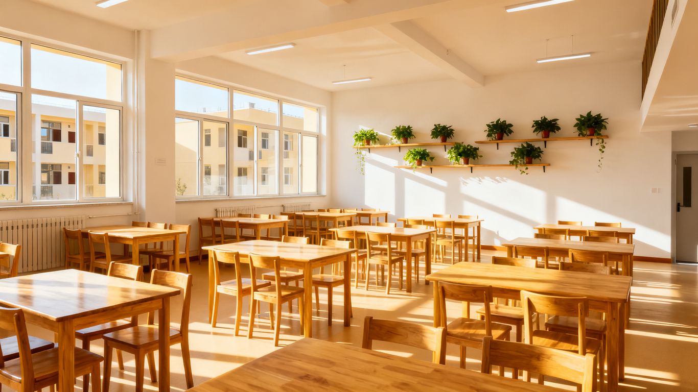 A communal kitchen area in a renovated hostel