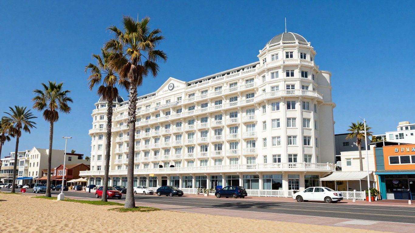 Brighton Beach Hotel exterior with palm trees and blue sky.