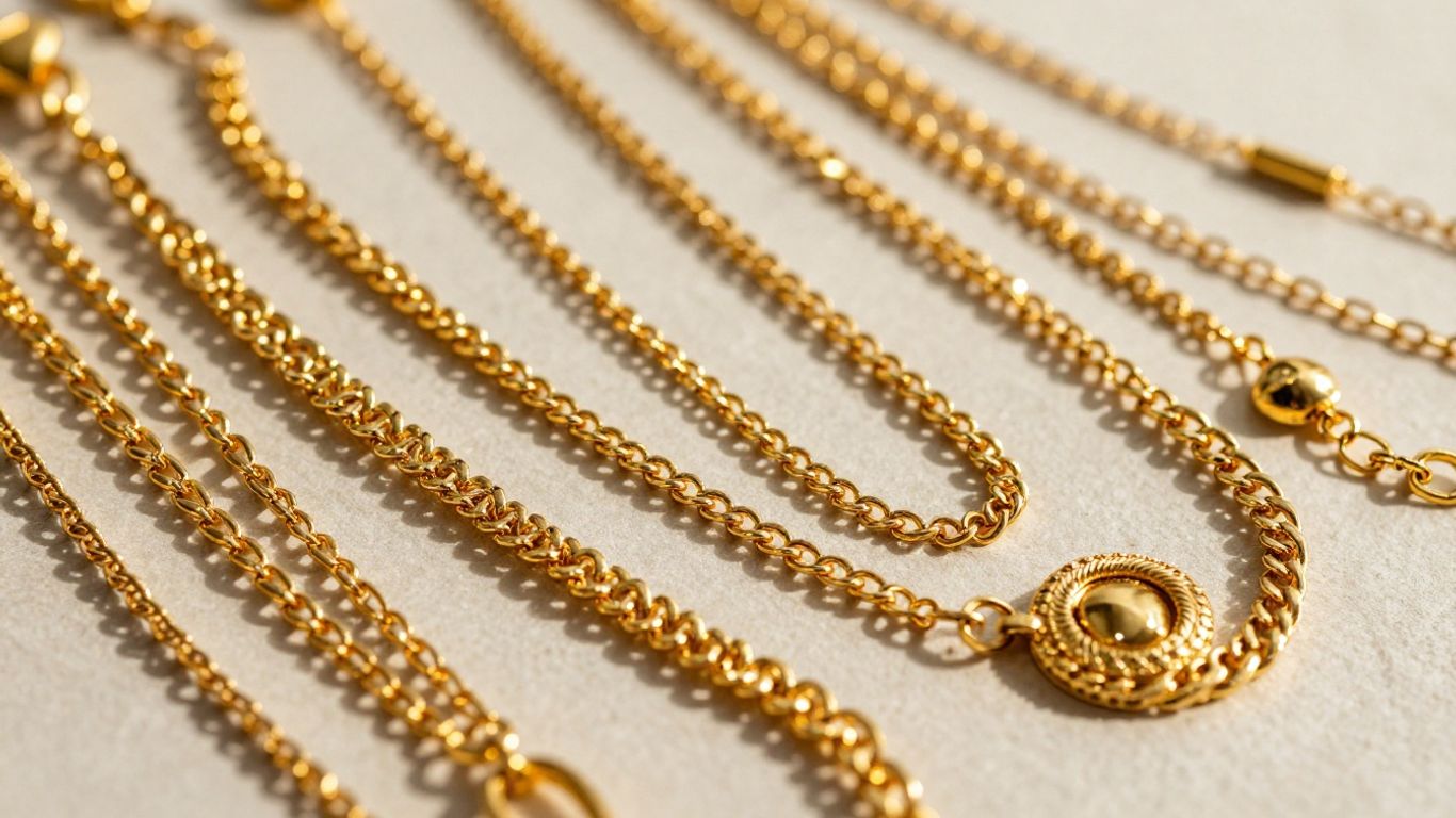 Layered gold necklaces and bracelets with intricate designs.