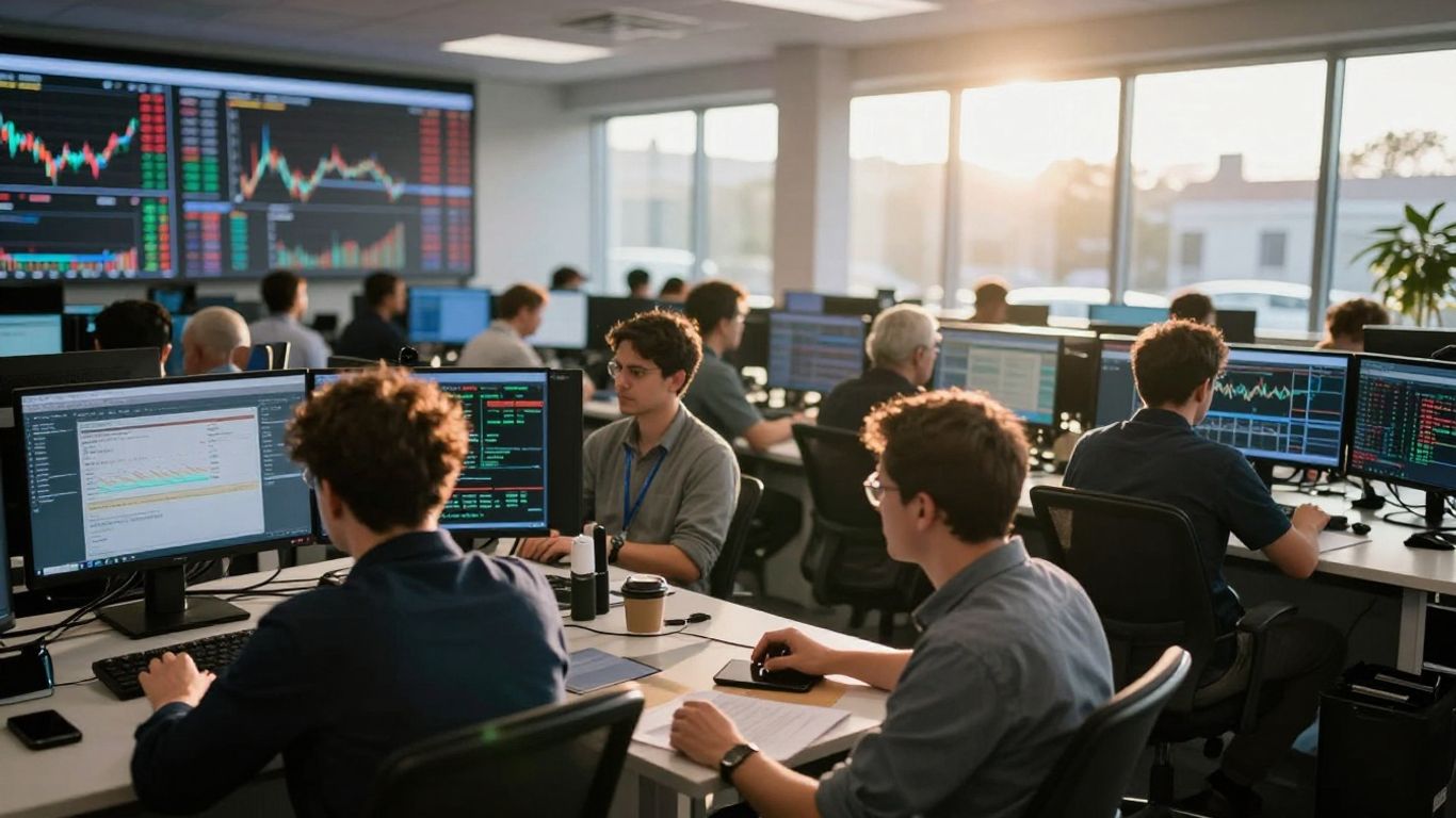 Forex trading floor with focused traders and abstract data streams.