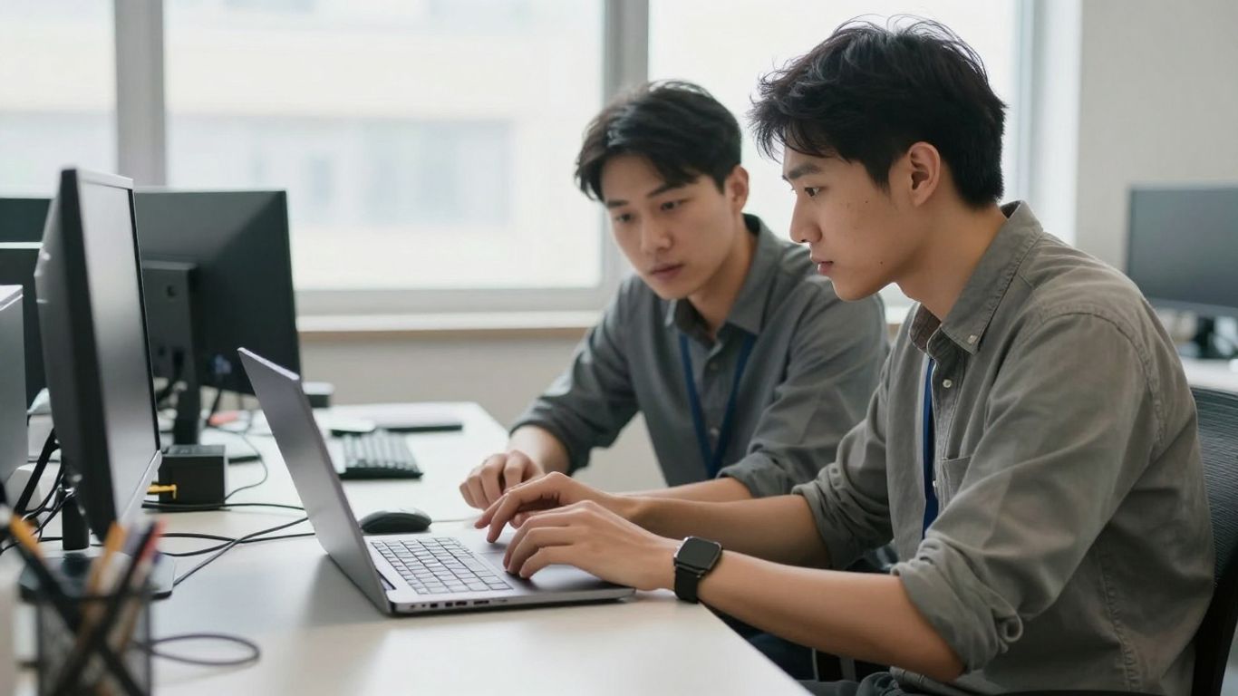 Technician helping an employee with a laptop