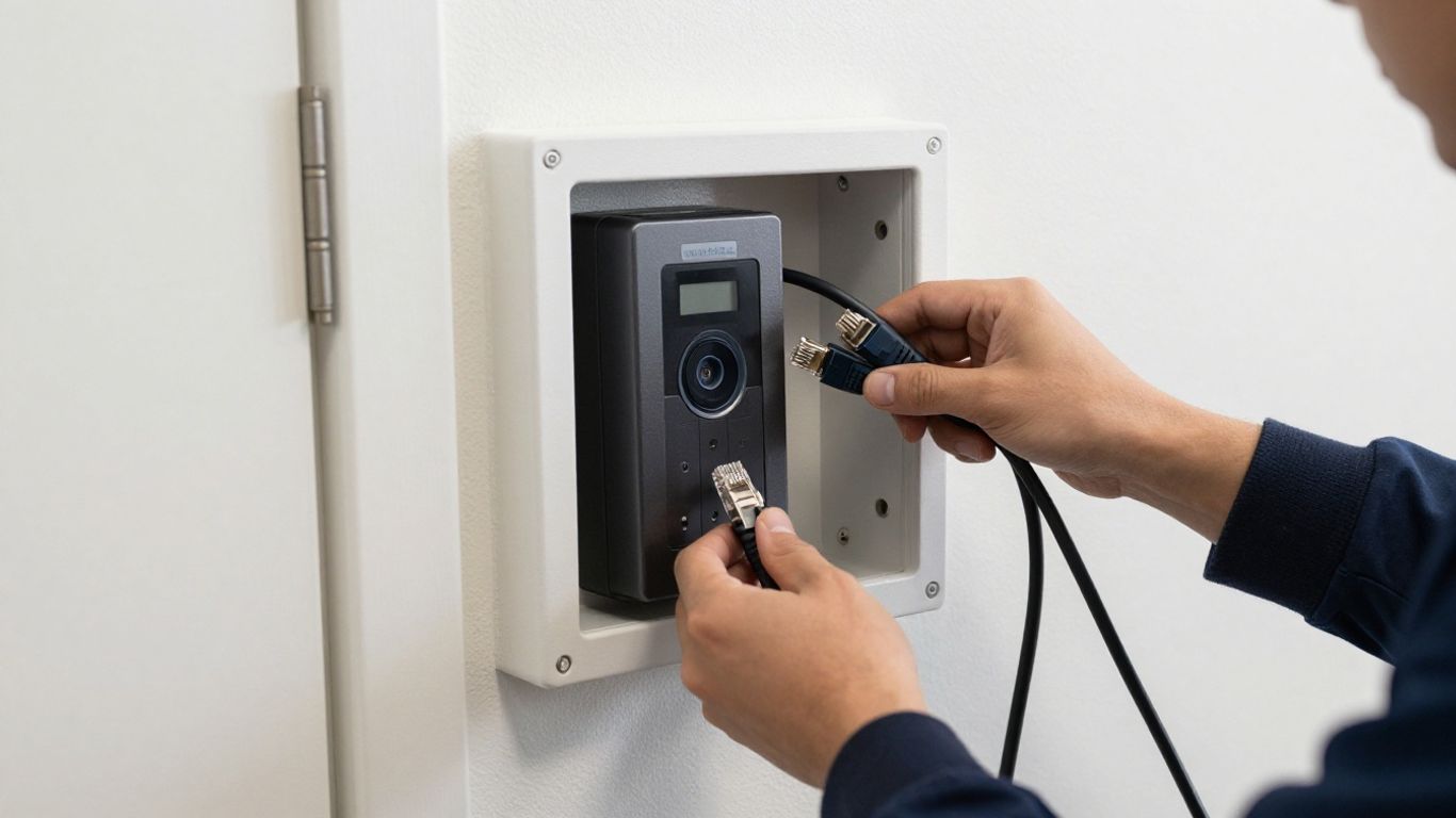 Technician wiring a commercial access controller