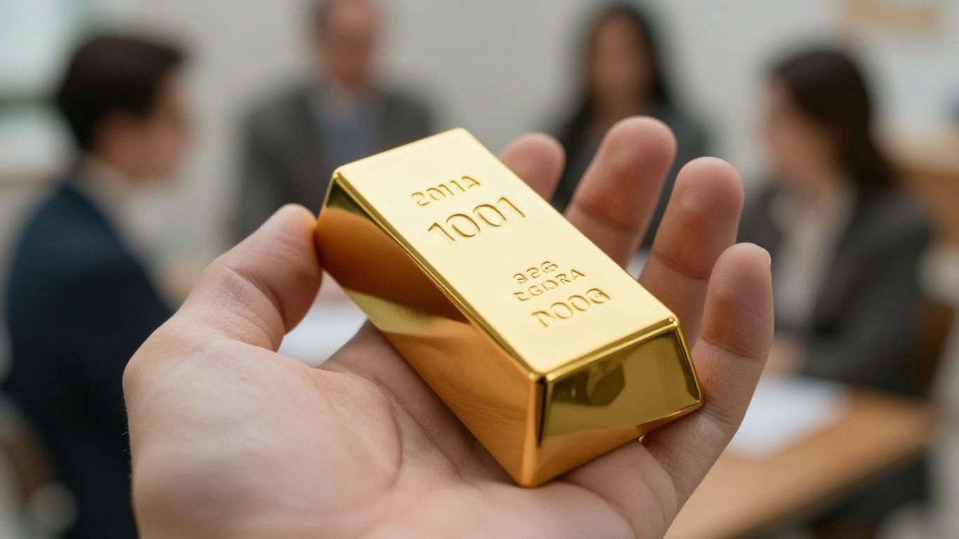 一隻金色的手拿著一根金條，背景中有一些模糊的物體。