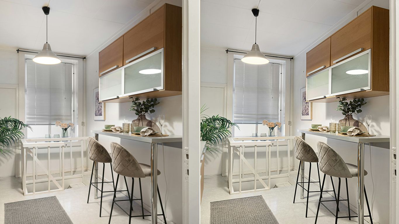 Two pictures of a kitchen and dining room