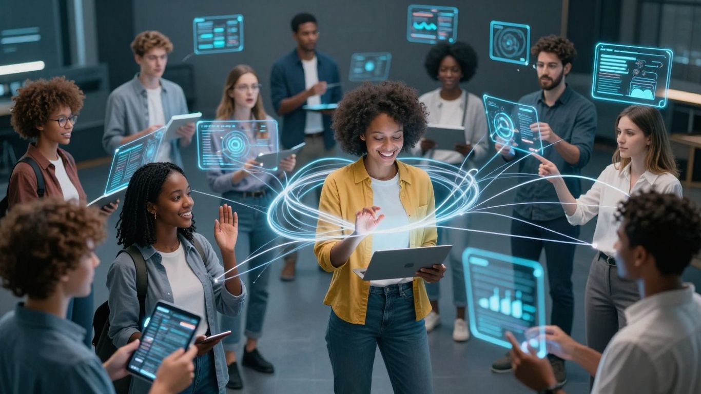 People interacting with glowing digital interfaces, suggesting lead generation.
