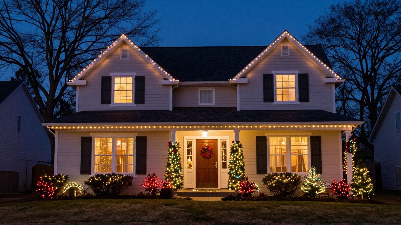 House decorated with Christmas lights, permanent and traditional.