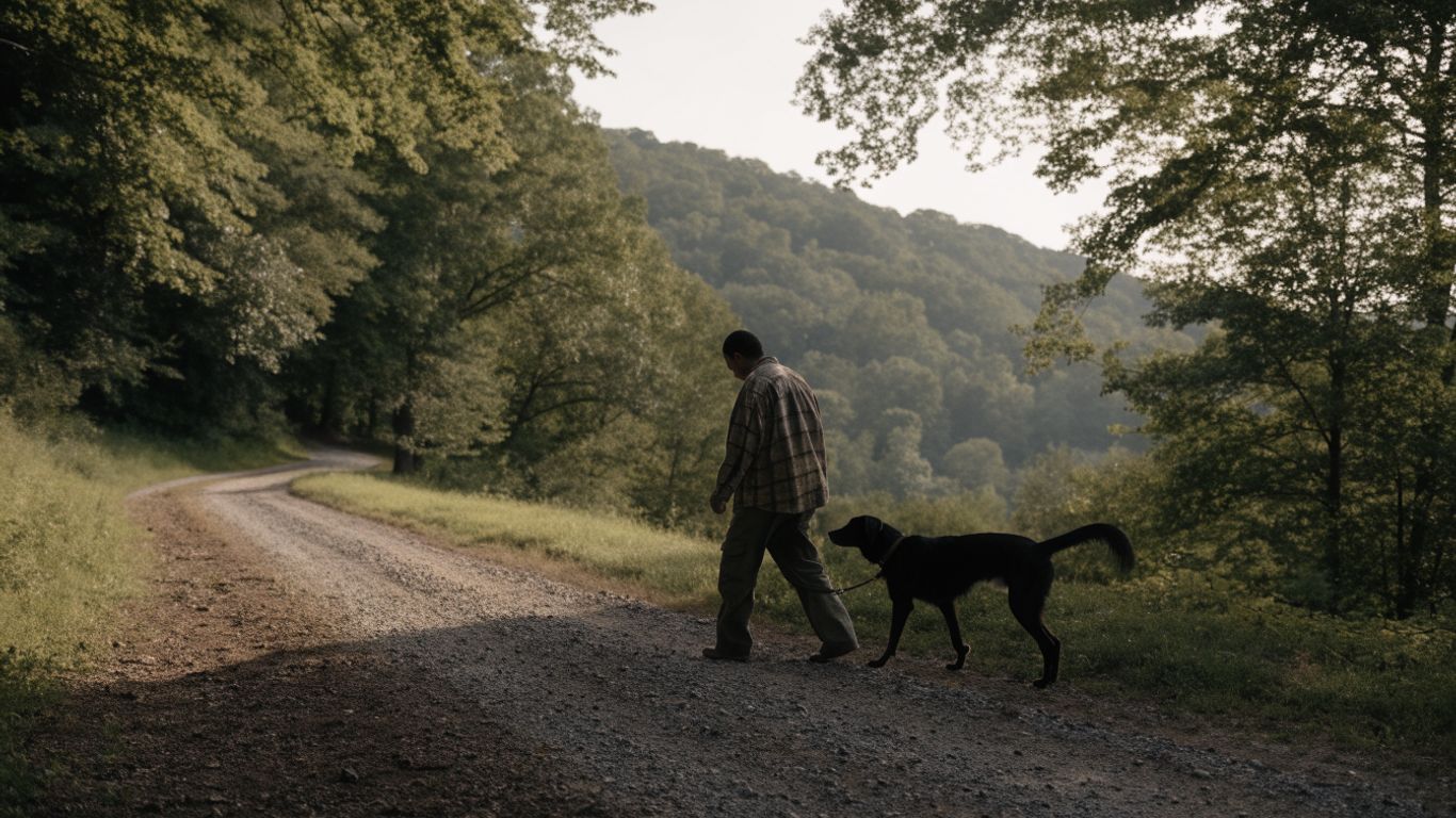 Dog and handler walking calmly on a Chattanooga trail