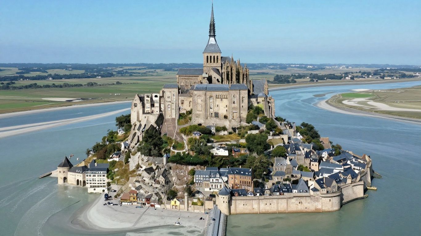 Helicopter view toward Mont Saint-Michel coast