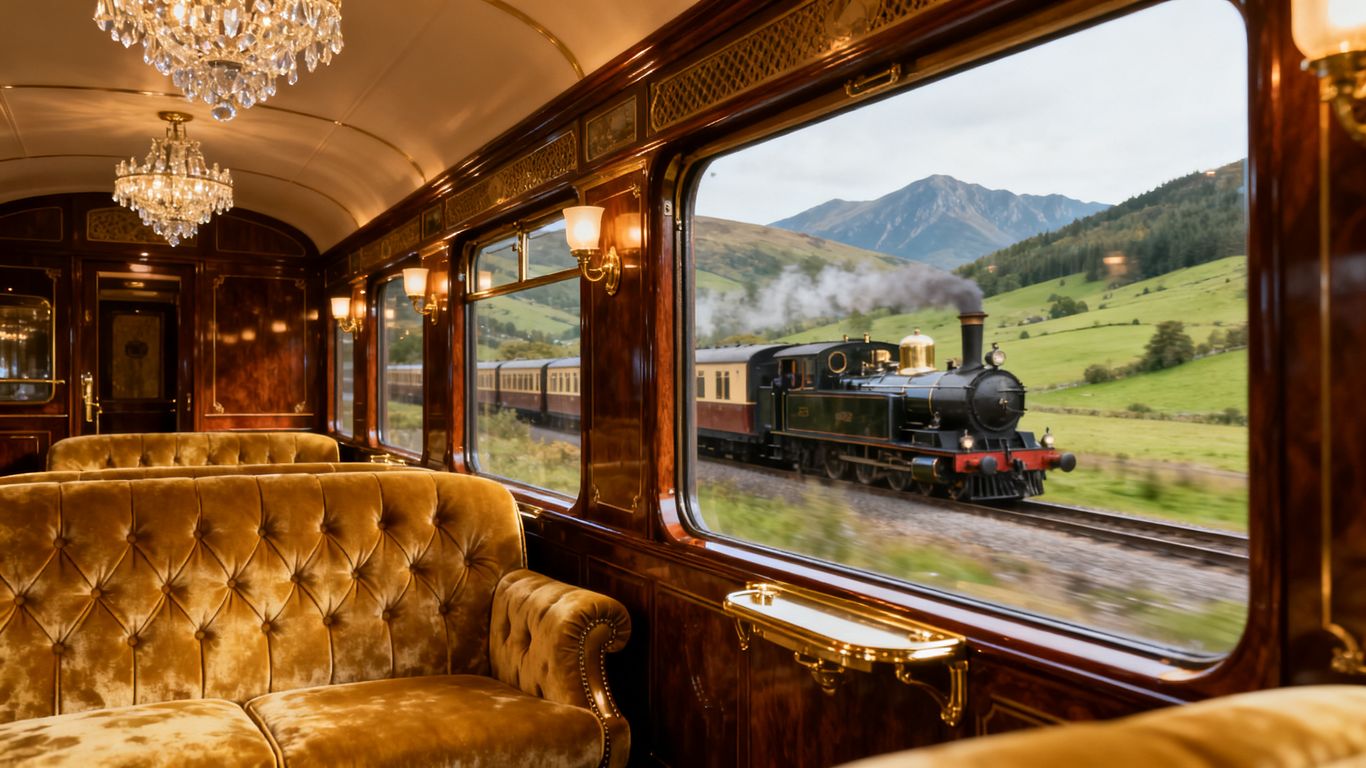 Luxury train interior and exterior view.