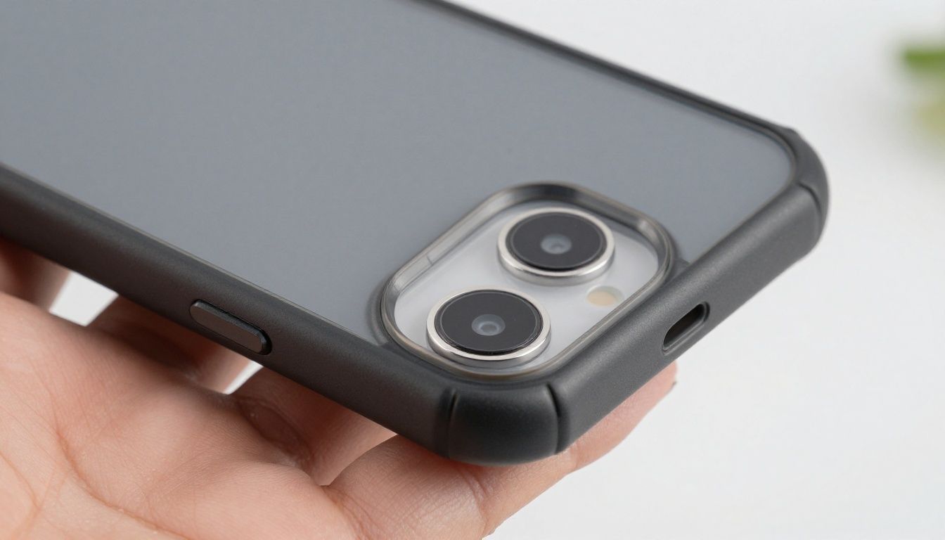 A clear phone case with reinforced corners held in a hand, showing its shock-absorbing design features.