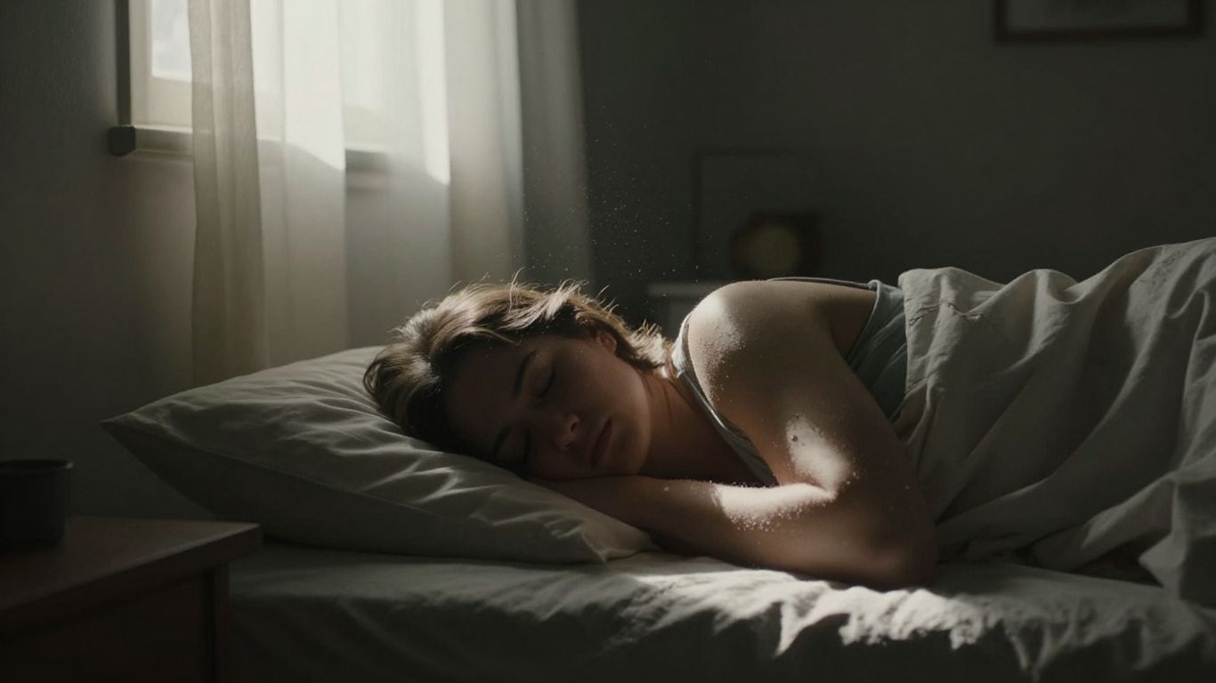 Schlafzimmer mit Sonnenlicht, das durch die Vorhänge fällt.