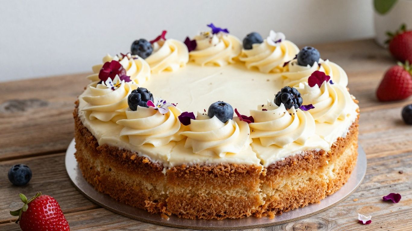 Gluten-free dairy-free cake with frosting and berries.