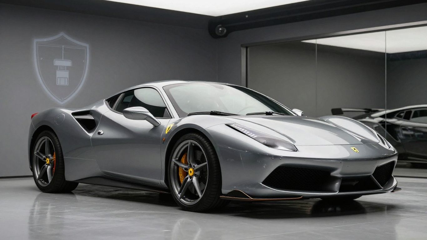 Exotic car in a secure garage with a protective shield.