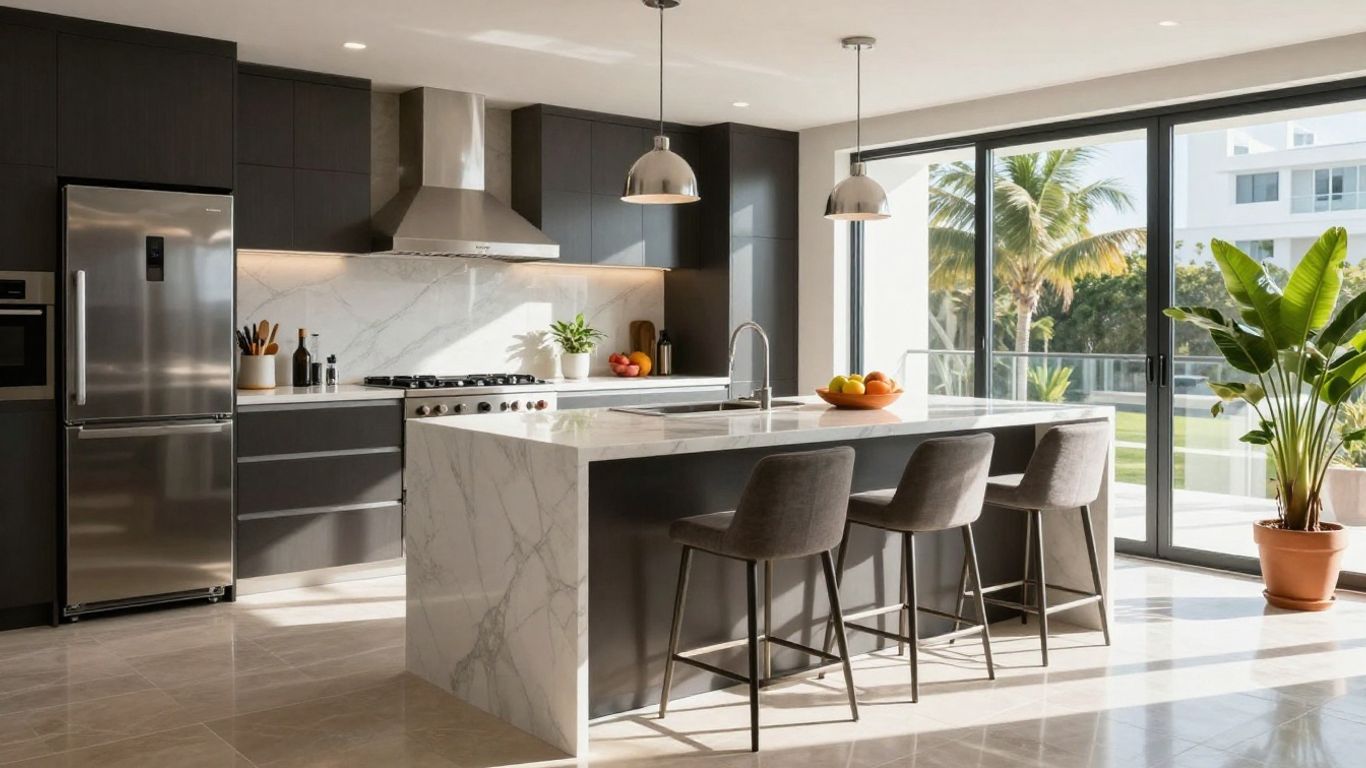 Modern Miami kitchen with island and stainless steel appliances.