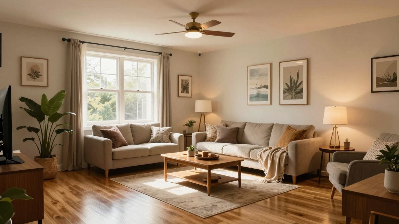 Finished basement living area with modern furniture and warm lighting.