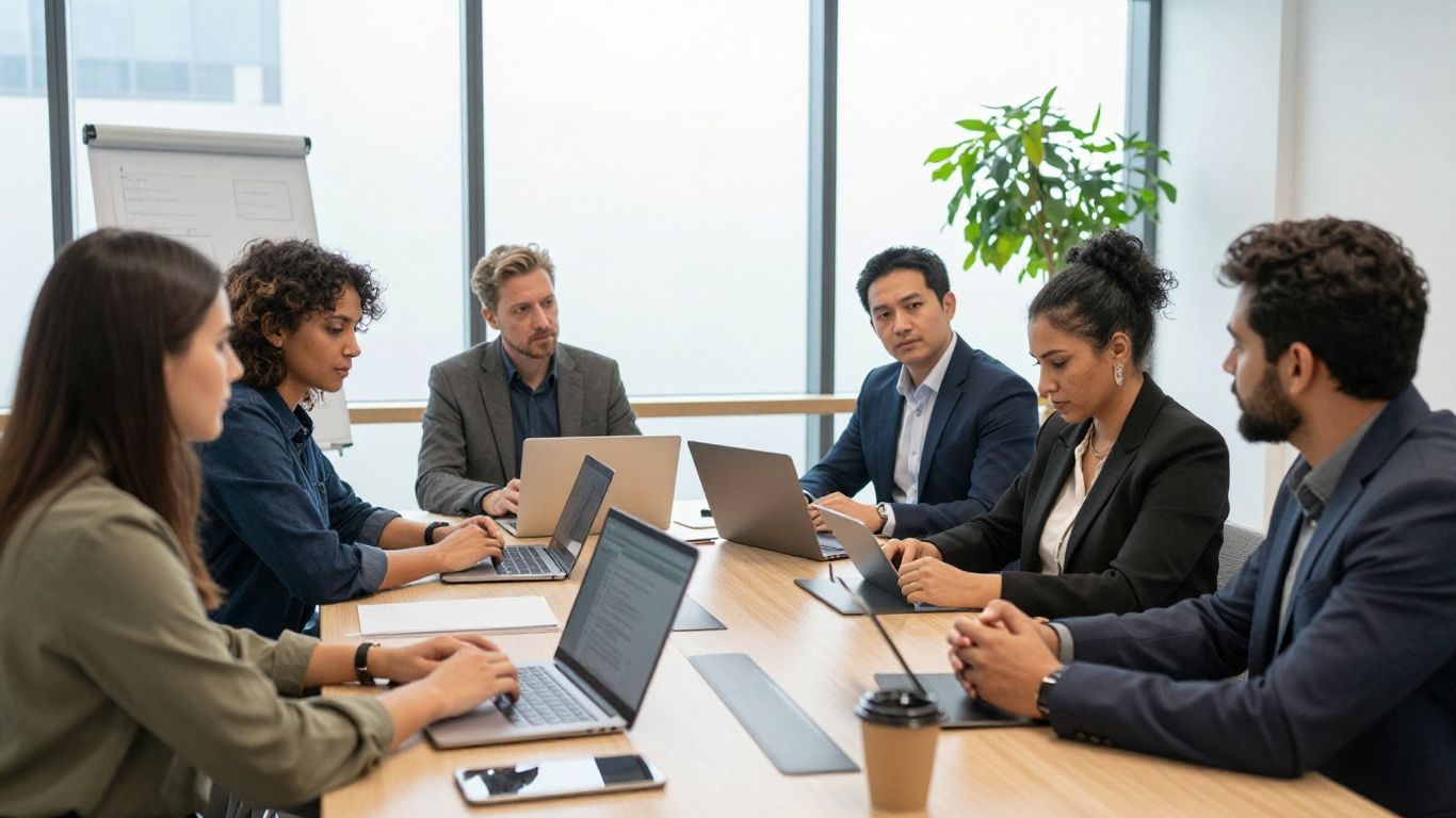 Small business owners consult with marketing professional in office