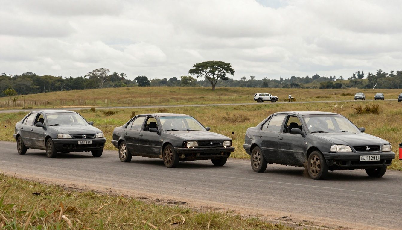 Carros destruídos em uma corrida de demolição, com faíscas, lama e peças voando em uma pista cercada por arquibancadas