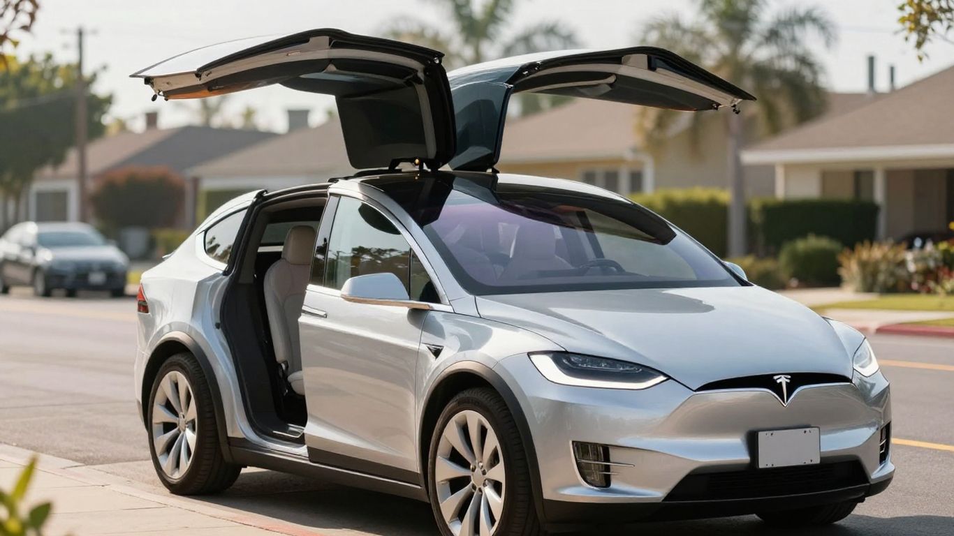 Tesla Model X with falcon-wing doors open.