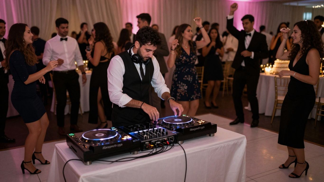 Wedding DJ playing music for dancing guests at reception.