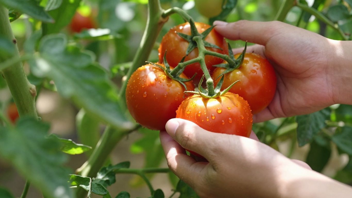 Hände ernten reife Tomaten von einer Pflanze.