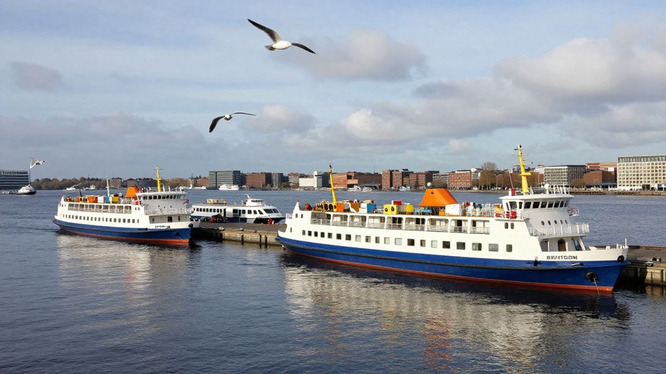 Ferries docked at Amsterdam port with seagulls overhead.