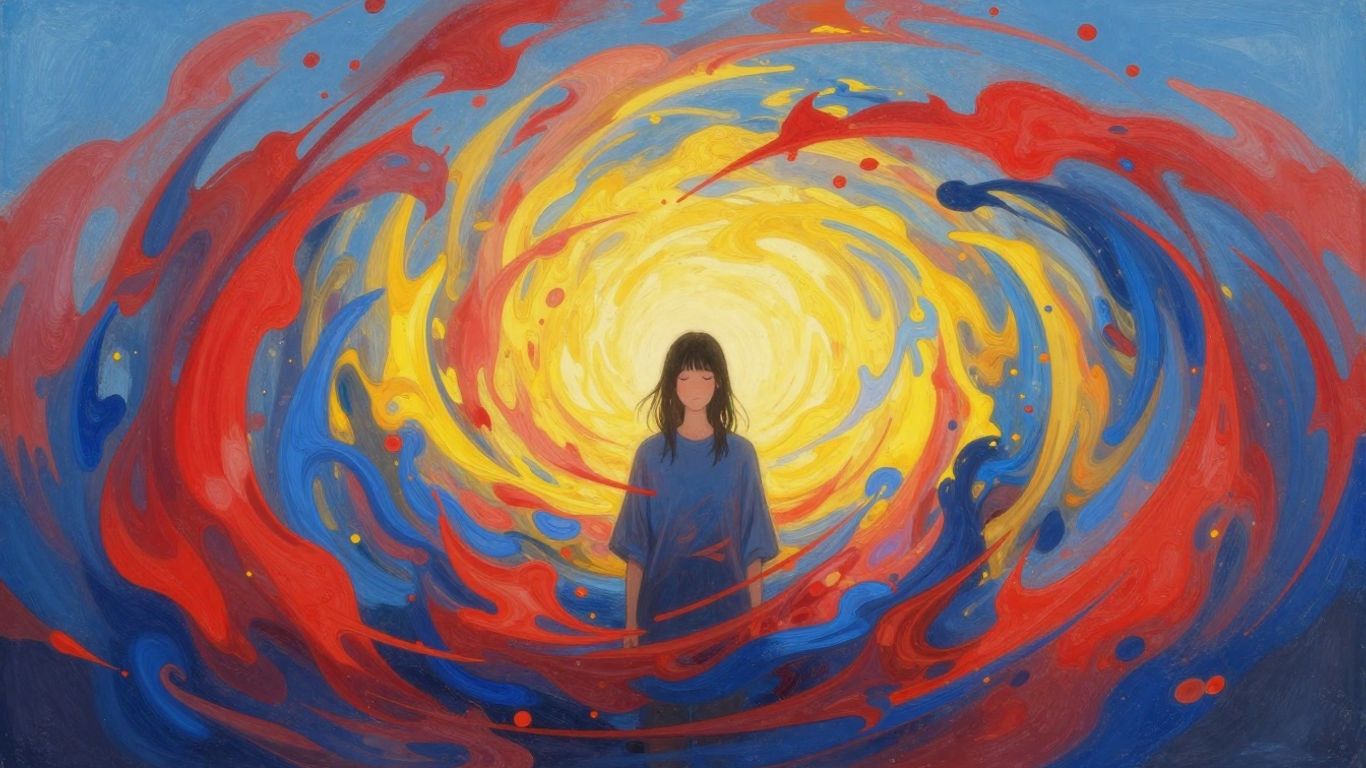 Person calmly managing swirling emotions.
