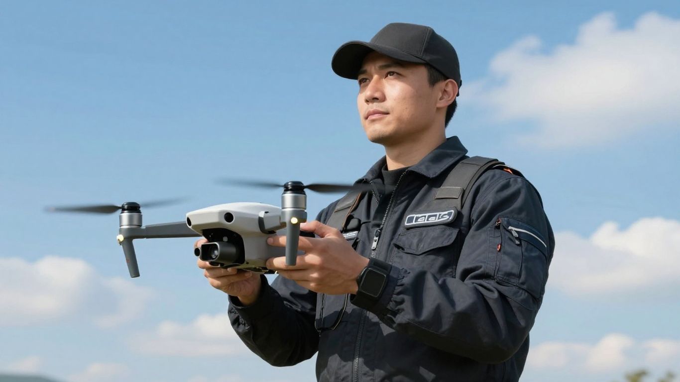 Drone pilot with drone against a blue sky.