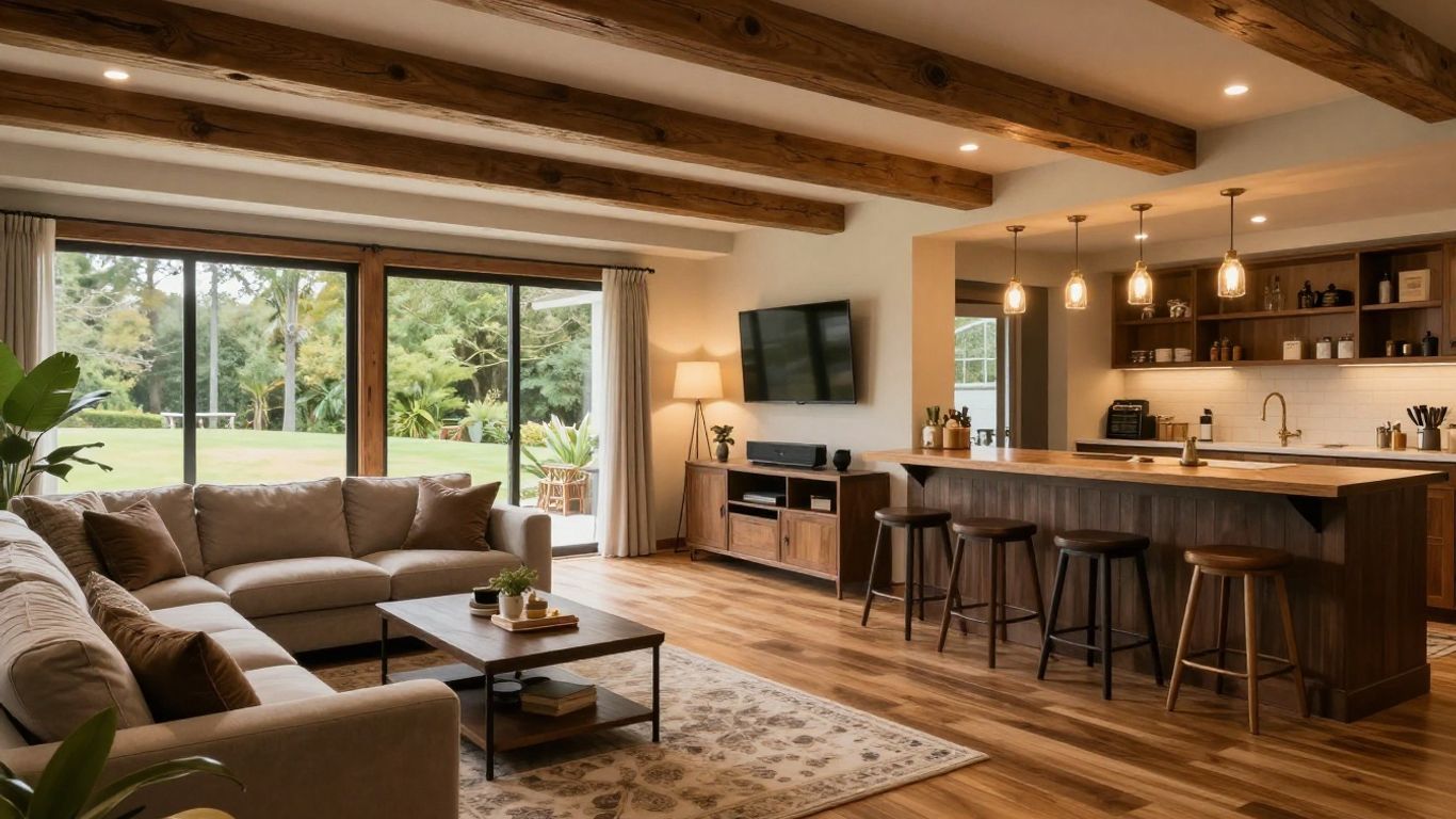 Finished basement living area with bar and entertainment center.