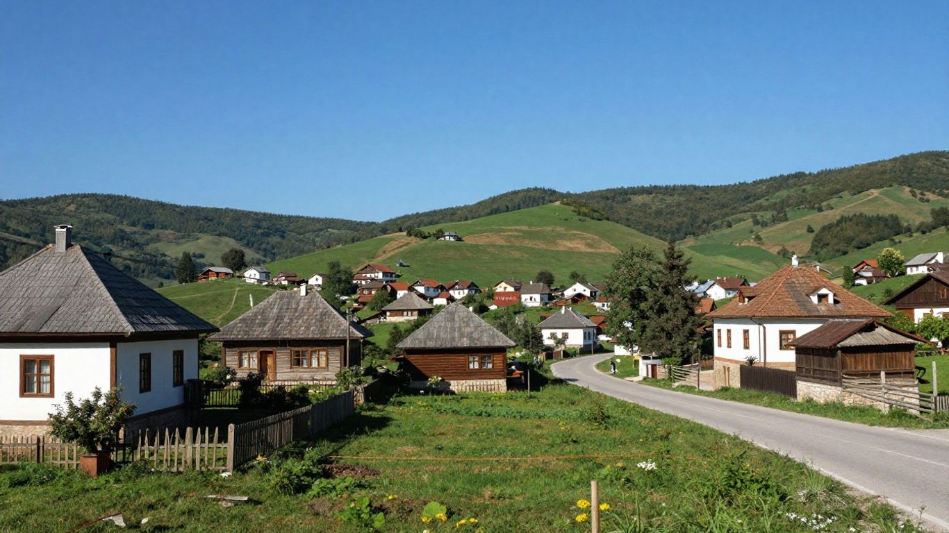 Scenic view of a Serbian village with traditional houses and hills.