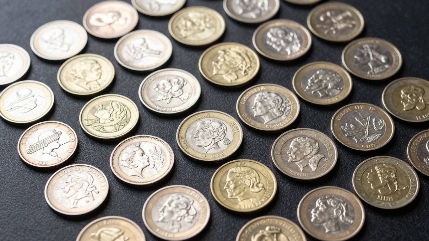 Chronologically organized coin collection with detailed metallic surfaces.