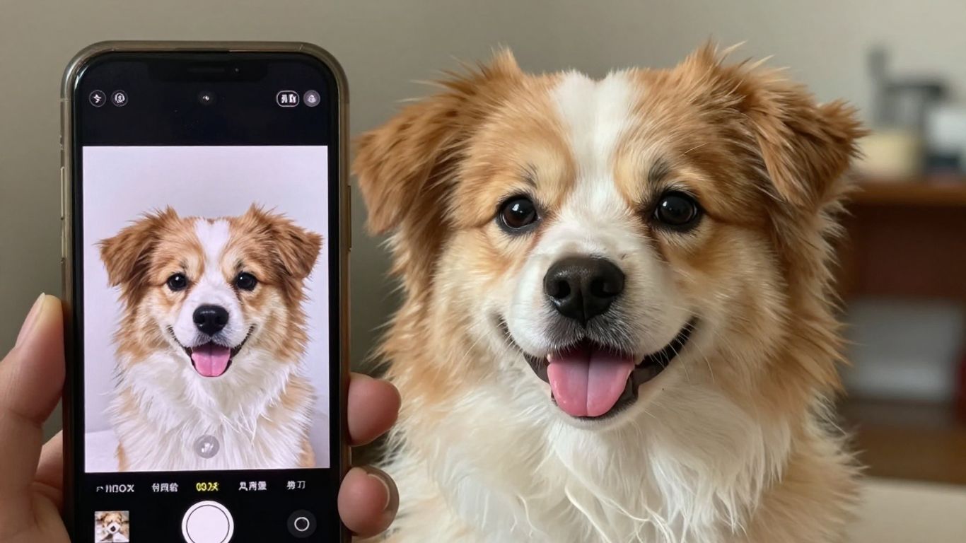 Pet portrait on phone screen
