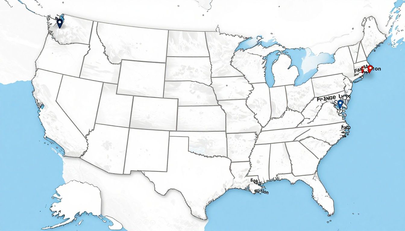 A stylized map of the United States with pins indicating major service areas across the country, highlighting nationwide coverage.