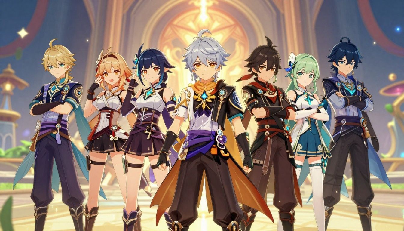 Equipe de personagens de Genshin Impact reunida em um cenário elemental de Teyvat