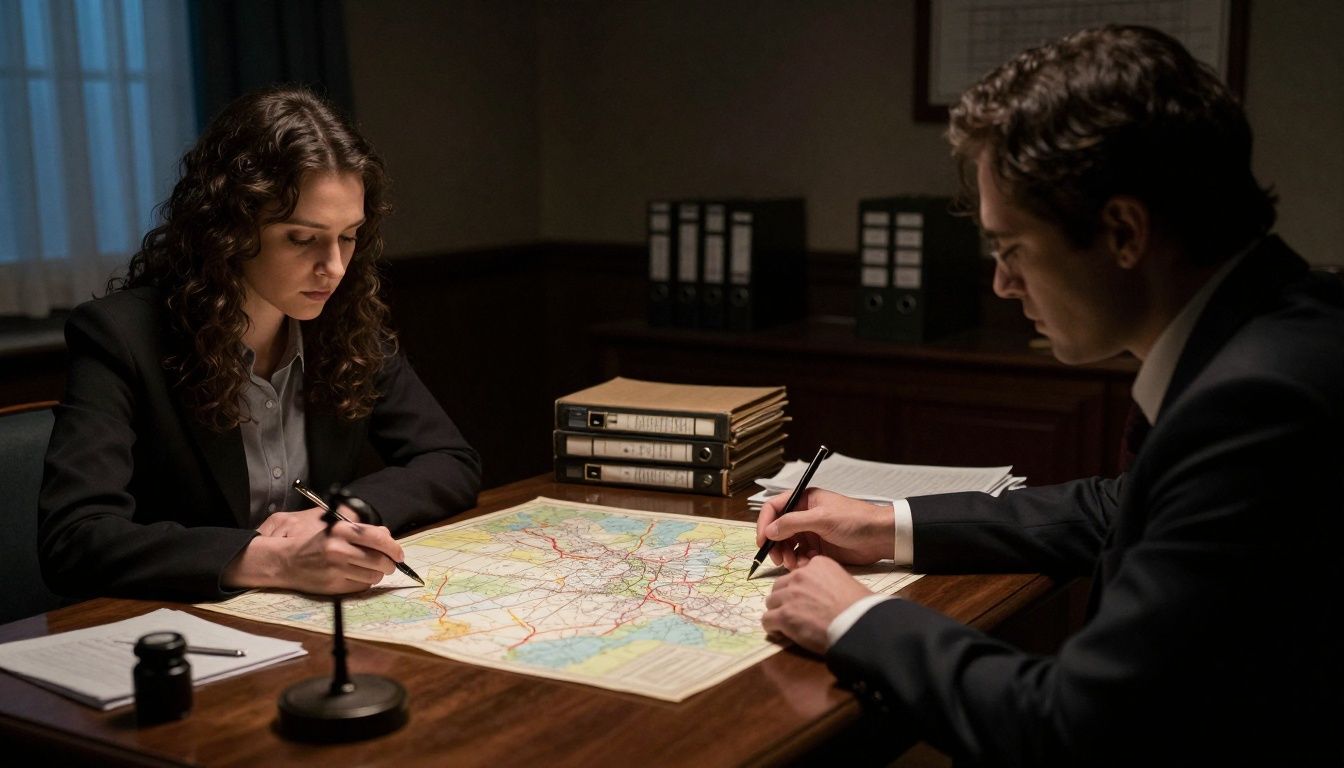 Uma cena artística e misteriosa de uma sala de investigação criminal com arquivos espalhados, uma lupa sobre evidências num mapa e iluminação cinematográfica estilo noir